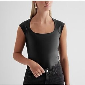 Express Body Contour Faux Leather Scoop Neck Cap Sleeve Bodysuit